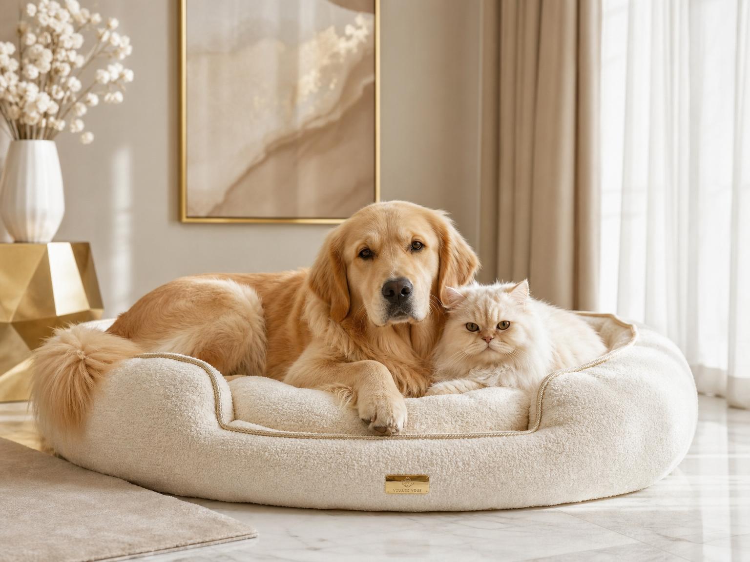 Hond en kat samen in een luxe geweven mand